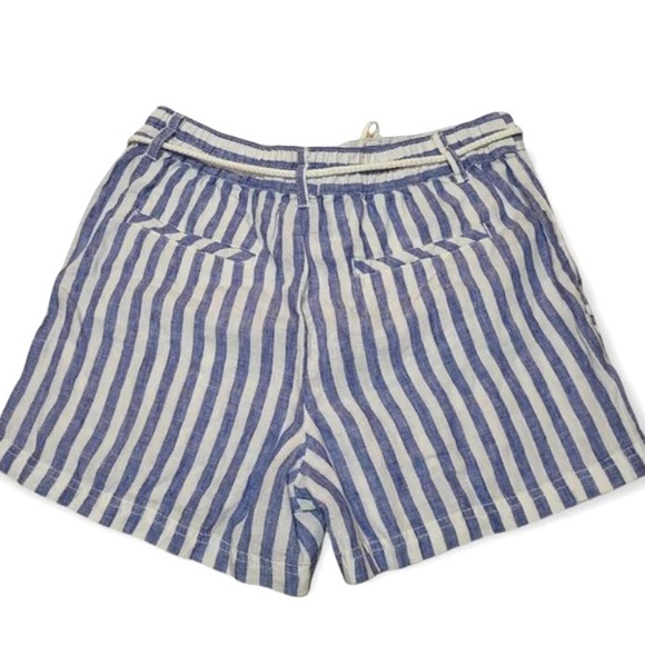 100% Linen Nicole Miller Striped Shorts in Blue & White with Rope Tie Belt - Picture 3 of 9